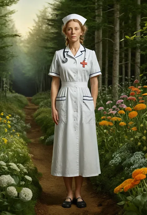 Nurse, full body, by Elsa Beskow, cinematic still, (best quality, masterpiece), very aesthetic, perfect composition, photorealistic, intricate details, ultra-detailed, vivid colors