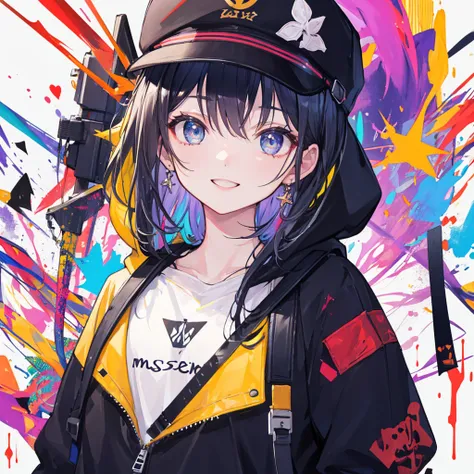 (T Masterpiece、Extremely high quality、high resolution、Best Quality)、girl、Solo、Large backpack、Long Hair、Wearing a cap、Oversized hoodie、West Shot、Colorful background、A colorful world、fine、smile