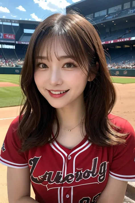 Baseball team manager Koshien, Highest quality, shape, Very detailed, In detail, High resolution, 8k wallpaper, Perfect dynamic composition, Beautiful details,  Natural Lip, Baseball Team Manager, Big Breasts, , She is smiling in a cute pose.., Whole-body ...