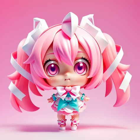 blind box toy style, gradient background, anime girl with pink hair with white lace and a pink dress, pink twintail hair, purple and cyan eyes, pink bow tie with heart design, advanced digital chibi art, chibi monster girl, anime chibi, chibi, chibi anime ...