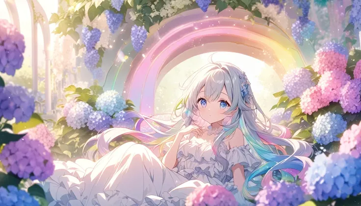 A beautiful anime girl with rainbow hair and eyes is resting in a magical garden. She is surrounded by pastel-colored hydrangeas, and a double rainbow arches over the scene. The style is light and dreamy, with a soft focus and ethereal quality.