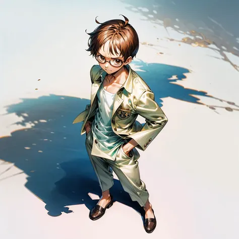 grassroot, full body version, solo, kid boy, glasses , brown colour hair, short haircut, white suit clothing, (one piece style a...