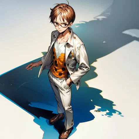 grassroot, full body version, solo, kid boy, glasses , brown colour hair, short haircut, white suit clothing, (one piece style a...