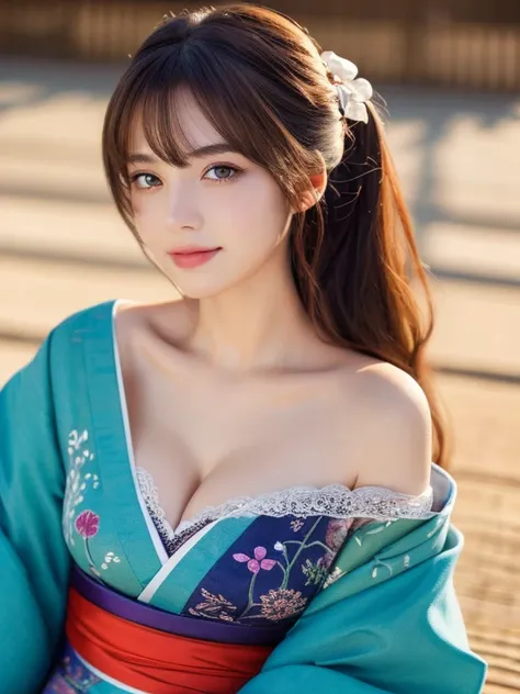 19 year old young woman, masutepiece, Best Quality, Illustration, Ultra-detailed, finely detail, hight resolution, Beautiful detailed eyes, Kimono, Off-shoulder, cleavage, Full body