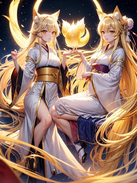 Lunar event in japan, Blonde long hair golden eyes blonde fox ears blonde fox tail wearing white and golden kemono with white and golden folding fan