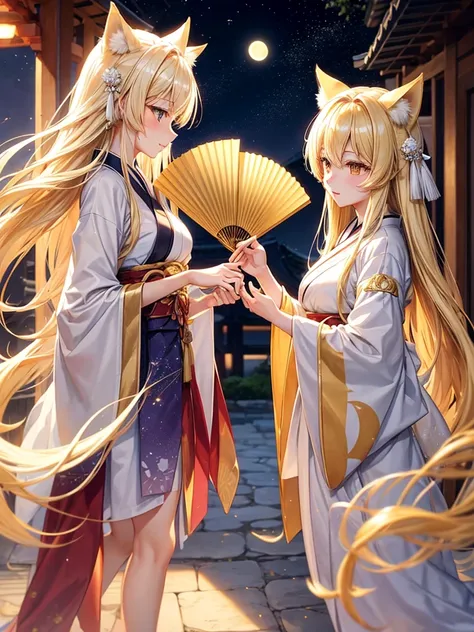 Lunar event in japan, Blonde long hair golden eyes blonde fox ears blonde fox tail wearing white and golden kemono with white and golden folding fan