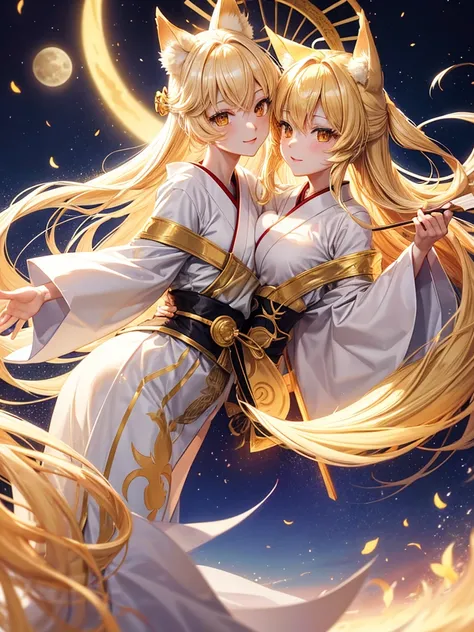 Lunar event in japan, Blonde long hair golden eyes blonde fox ears blonde fox tail wearing white and golden kemono with white and golden folding fan