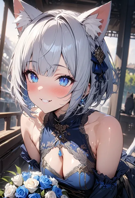 Holding a bouquet of white and blue roses、silver hair, 1 girl, (((best quality)), ((masterpiece)), (details), masterpiece, best quality, high quality, super detailed, perfect face, ((1 girl, Blue eyes, cat ears: 1.3 silver bob: 2.5,)),Shiny Hair、Shiny skin...