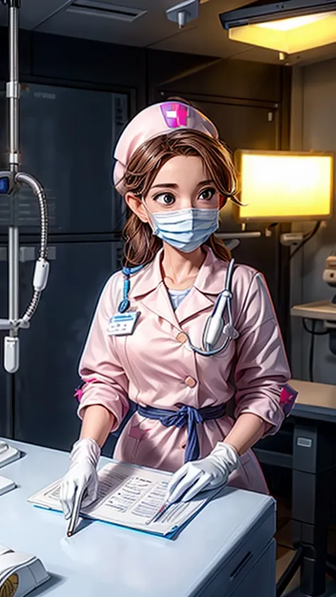 a nurse in a surgical room passing instruments to doctors, surgical gown, cap, gloves, mask, detailed medical equipment, sterile environment, clean and bright lighting, high-tech hospital, precise movements, medical staff working together, complex surgery,...