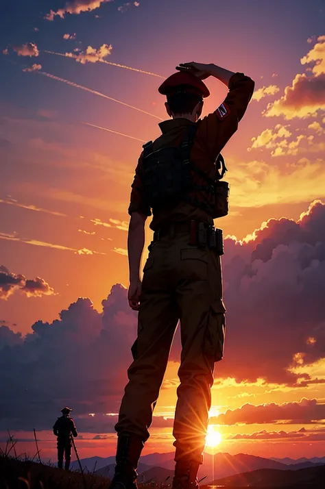 Background is red sunset，A soldier stands on a hill with his back to the screen and salutes the sun