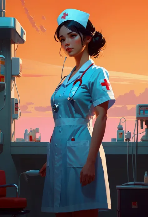 Nurse, full body, by Atey Ghailan, cinematic still, (best quality, masterpiece), very aesthetic, perfect composition, photorealistic, intricate details, ultra-detailed, vivid colors