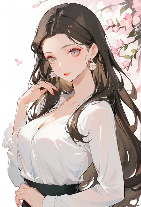 This beautiful teacher is wearing a simple and elegant white shirt，With black slim trousers, Showing off her tall figure and graceful curves. Her long hair, Slightly curled, Exudes a light fragrance. Her facial features are delicate, Her eyes are bright an...