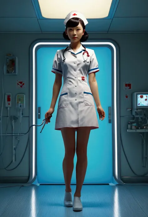 Nurse, full body, by Chiho Aoshima, cinematic still, (best quality, masterpiece), very aesthetic, perfect composition, photorealistic, intricate details, ultra-detailed, vivid colors