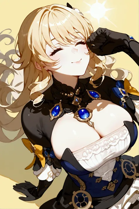 score_9, score_8_above, big breasts, 1 girl, Alone, Navia, Genshin impact, curly hair, very long hair, blond hair, blue eyes, with light skin, Shrug (CLOTHES), black gloves, latex, on one side, Arched back, closed eyes, happy, paw posture, yellow backgroun...