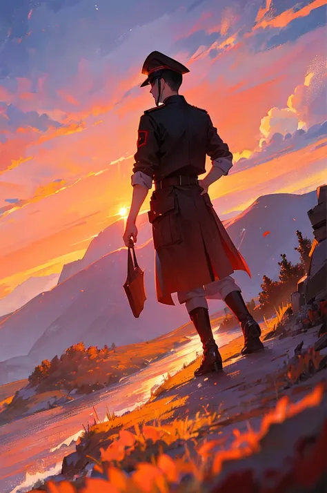 Background is red sunset，A Chinese soldier stands on a hill with his back to the screen and facing the sun。