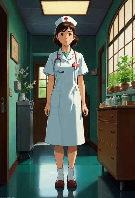 Nurse, full body, by Studio Ghibli Style, Ghibli color, Miyazaki Hayao style, cinematic still, (best quality, masterpiece), very aesthetic, perfect composition, photorealistic, intricate details, ultra-detailed, vivid colors