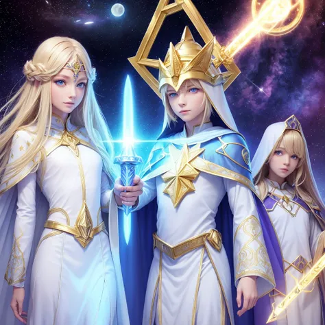 Blonde Pleiadian with sky blue eyes wearing white clothing along with grayish blue Arcturian extraterrestrial being in purple cape with golden scepter and golden sacred geometry on the chest with white Leo in white clothing with gold details 