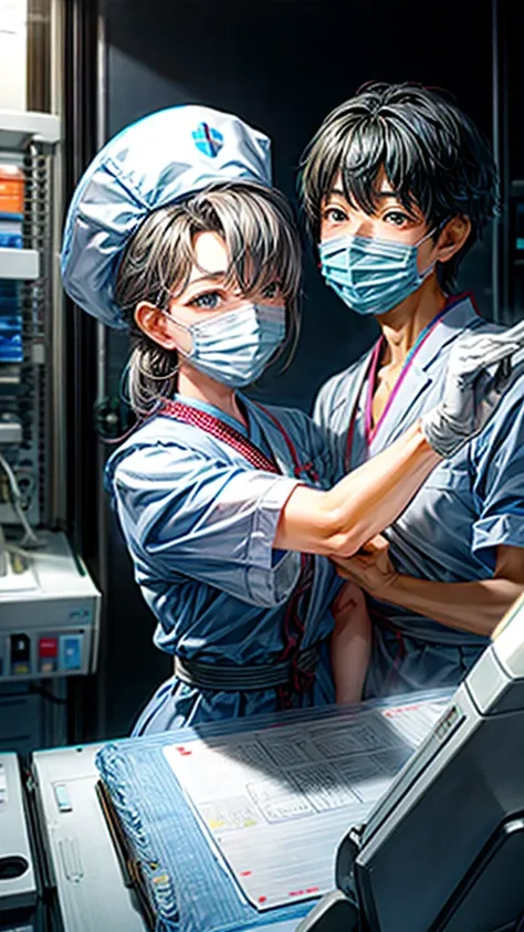 Operating room nurse、Handing the equipment to the doctor、operating、hat、gloves、mask