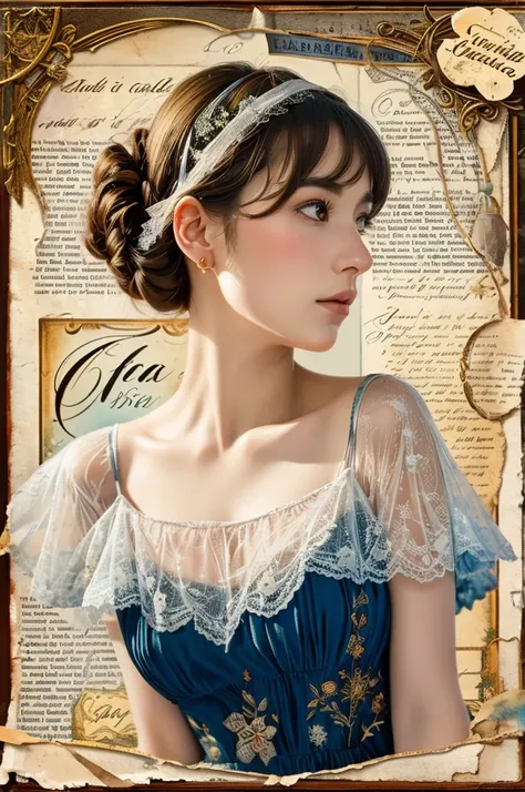 Ultra-detailed alcohol ink painting of a gorgeous girl, Mixed media masterpiece pieced together using stress-free vintage script paper, mayfly, Cardboard damage, Vintage newspaper, vintage sheet music, Seal something, Dress made of paper ruffles and really...