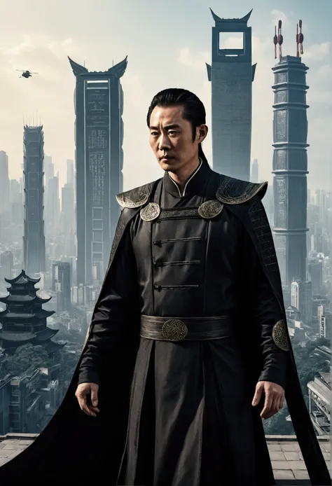 The upper part of the picture shows a high-rise building with a technological style.，The following are ancient Chinese buildings，There is an assassin in a black cloak in the building