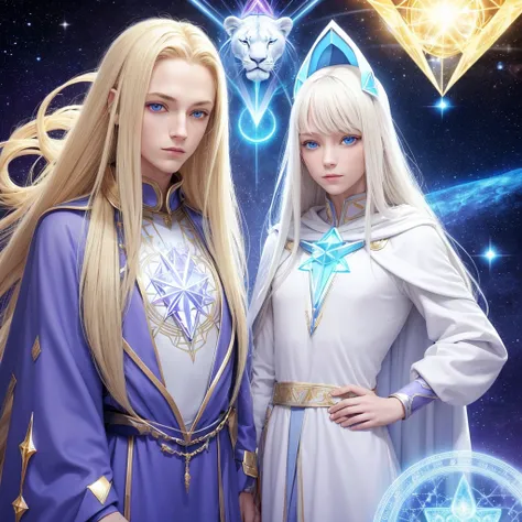 Blonde Pleiadian with sky blue eyes wearing white clothing next to a grayish blue Arcturian extraterrestrial being in a purple cape with a golden scepter and golden sacred geometry on his chest and next to a white lion in white clothing with gold details 