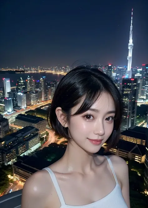 Diffuse lighting、 Highest quality, High resolution, unity 8k wallpaper、Supersaturation, Japanese、1 female、23 years old、Highest quality、8k、超High resolution、Clear photos、Professional Lighting、Light、Singapore night view、Singapore cityscape、Beautiful cityscape...