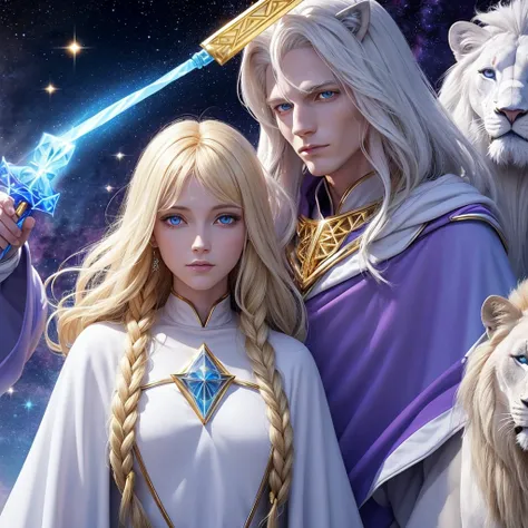 Blonde Pleiadian with sky blue eyes wearing white clothing next to an extraterrestrial being with grayish blue skin in a purple cape with a golden scepter and golden sacred geometry on the chest and next to a humanoid white lion in white clothing with gold...