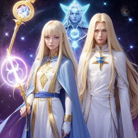 Blonde Pleiadian with sky blue eyes wearing white clothing next to an extraterrestrial being with grayish blue skin in a purple cape with a golden scepter and golden sacred geometry on the chest and next to a humanoid white lion in white clothing with gold...