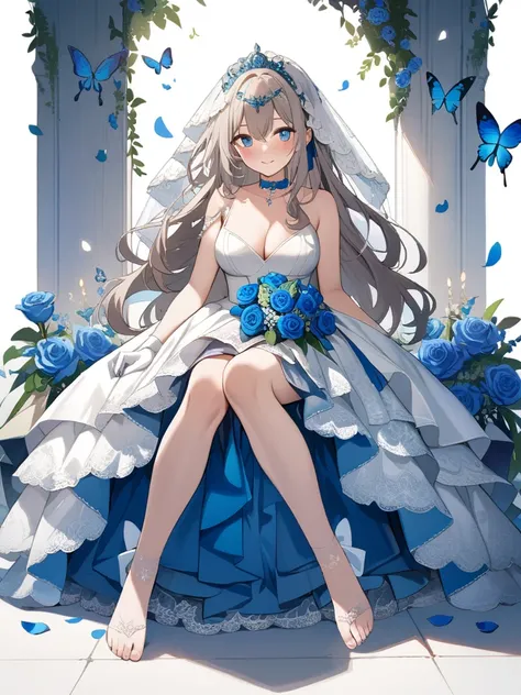 ((masterpiece)), (((best quality))), ((ultra-detailed)), ((illustration)), ((disheveled hair)), ((frills)), (1 girl), (solo)，alternative costume,blue flower, blue rose, blush, bouquet, breasts, bridal veil, bug, butterfly, choker, cleavage, clothing, crown...