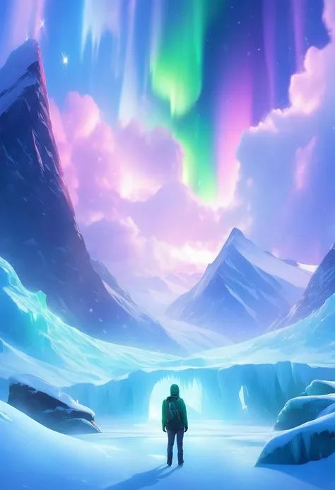 Estilo de photographl modelo, (Extreme Detached 8K CG Wallpaper),Extreme light，1 girl，Standing beneath the iceberg，See the beautiful Aurora Borealis，persona cyberpunk [霧に覆われたSnow covered mountainの風景：A girl like transparent air，Snow Mountain：0.33] Soak in t...