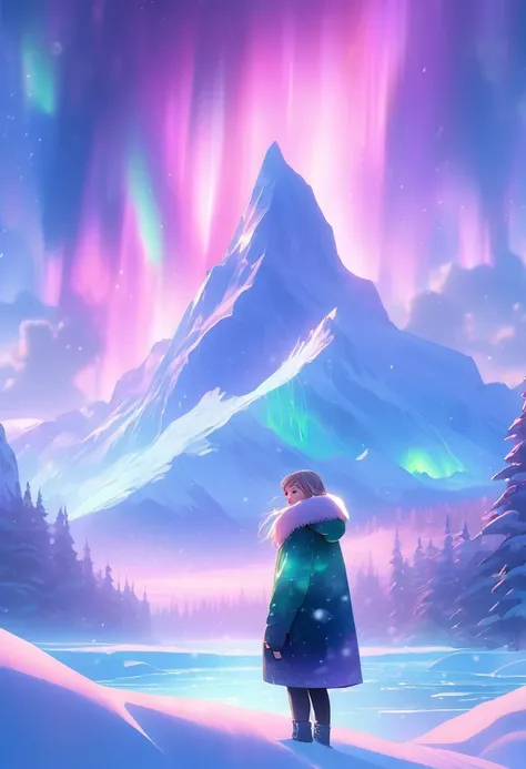 Estilo de photographl modelo, (Extreme Detached 8K CG Wallpaper),Extreme light，1 girl，Standing beneath the iceberg，See the beautiful Aurora Borealis，persona cyberpunk [霧に覆われたSnow covered mountainの風景：A girl like transparent air，Snow Mountain：0.33] Soak in t...