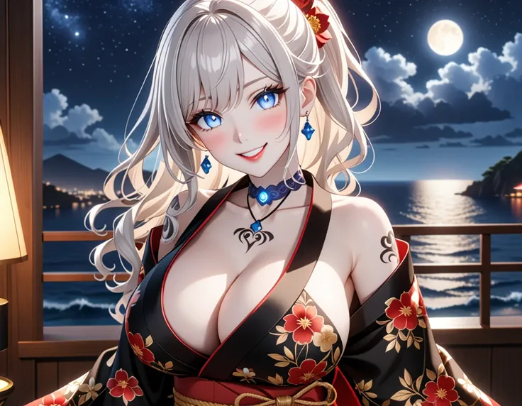 ultra-detailed, ((one girl)), (pale skin:1.5),  fair-skinned gyaru, ((Girl in black kimono)),  (heavy makeup), (professional lighting), hyper detailed, absurdres, 8k, Beautiful Face, (Laugh shyly), ((teasing smile:1.2)), ((happy smile:1.4)),  ((Wink:1.4)),...