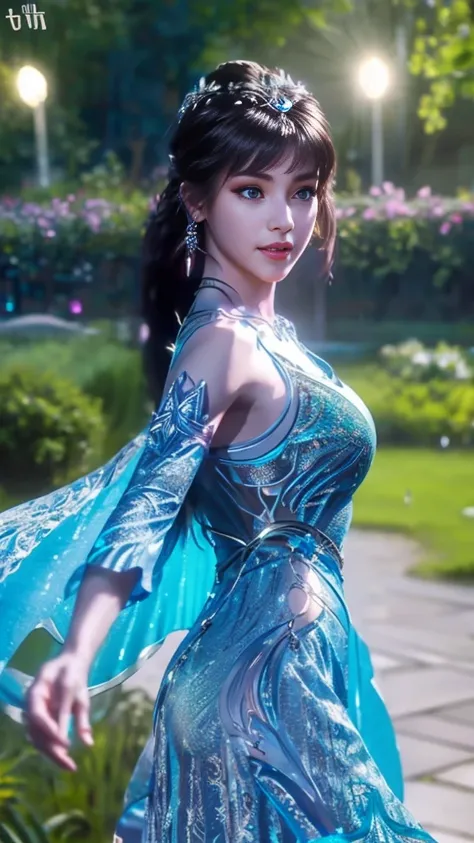 ((8K, UHD, Masterpiece, extreme quality)), 1 girl, good face, detailed eyes, very long hair, detailed lips, medium breasts, realistic, xiao wu fantasy dress, ((blue fantasy dress)), ((glowing dress:1.5)), ((navel)), ((lace)), ((double shade dress)), beauti...