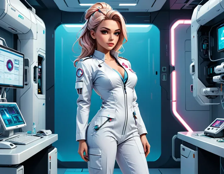 a picture of mech nurse in a futuristic hospital, exquisite beautiful nurse,  dynamic hair style, ((full body shot: 1.5)), ((anatomically correct: 1.5)), (ultra detailed face: 1.2), best detailed face, wearing white nurse robes, white pants, white high hee...