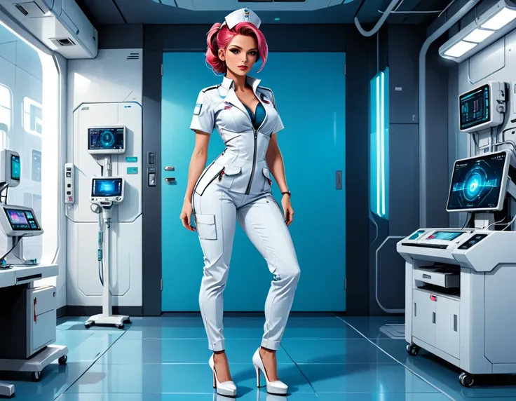 a picture of mech nurse in a futuristic hospital, exquisite beautiful nurse,  dynamic hair style, ((full body shot: 1.5)), ((anatomically correct: 1.5)), (ultra detailed face: 1.2), best detailed face, wearing white nurse robes, white pants, white high hee...