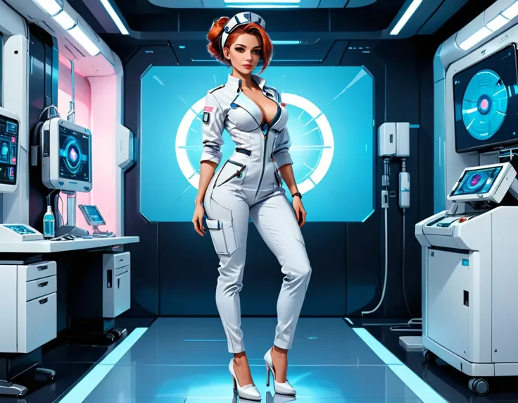 a picture of mech nurse in a futuristic hospital, exquisite beautiful nurse,  dynamic hair style, ((full body shot: 1.5)), ((anatomically correct: 1.5)), (ultra detailed face: 1.2), best detailed face, wearing white nurse robes, white pants, white high hee...