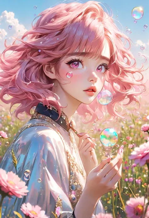 A beautiful girl with pink hair blowing bubbles in a flower field. Korean glitter eye makeup. Nails on hands. Half-up. Masterpiece. High quality.