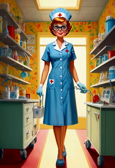 Nurse, full body, by Richard Scarry, Comic style, cinematic still, (best quality, masterpiece), very aesthetic, perfect composition, photorealistic, intricate details, ultra-detailed, vivid colors