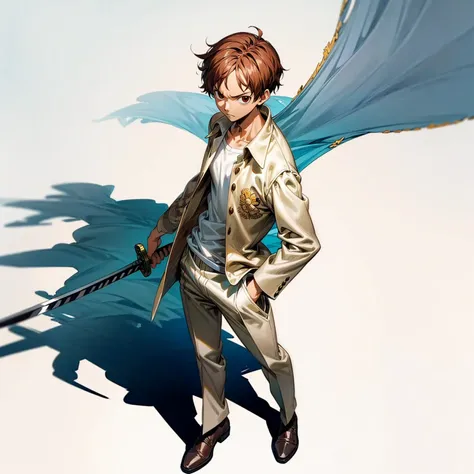 grassroot, full body version, solo, boy, brown colour hair, short haircut, white suit clothing, (one piece style art), standing ...