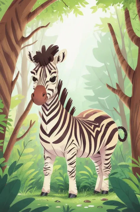 Close-up of a zebra, Cartoon illustration animals, Deciduous forest，Picture book style