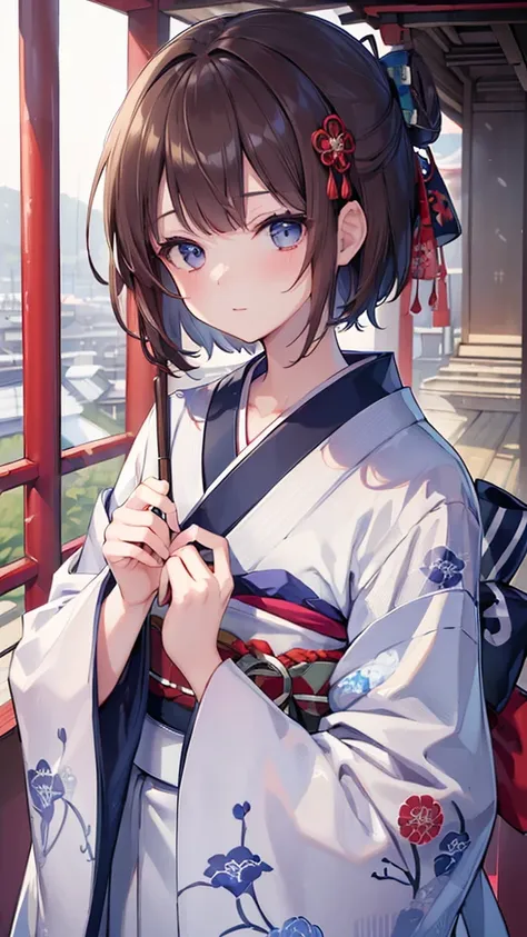 ((Highest quality, 8k, masterpiece: 1.3)), Highly detailed face and skin texture, Detailed eyes, Traditional Japanese Kimono, Blue kimono, Long-sleeved kimono, Brown Hair, short hair, Hairpin, From above, At a shrine in Kyoto