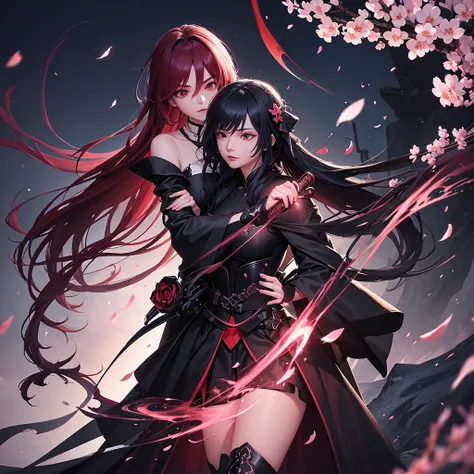 /img Beautiful 18 year old female grim reaper black flowing dress wielding two katanas blue red and green lights illuminating the scene falling cherry blossom petals nighttime outdoor setting 8k resolution concept art masterpiece highdefinition highquality...