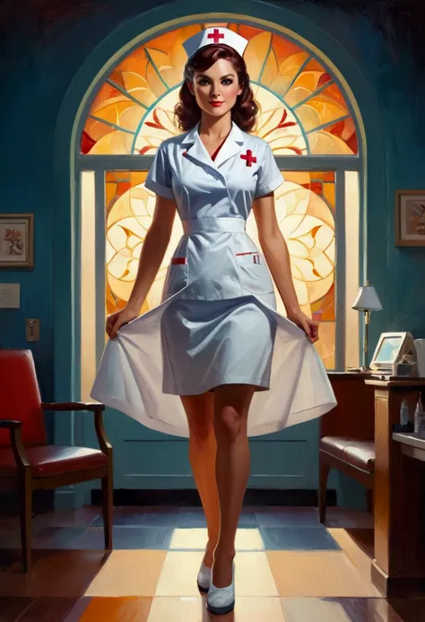 Nurse, full body, by Steve Henderson, cinematic still, (best quality, masterpiece), very aesthetic, perfect composition, photorealistic, intricate details, ultra-detailed, vivid colors