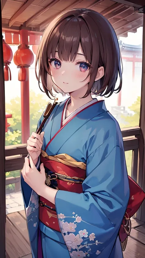 ((Highest quality, 8k, masterpiece: 1.3)), Highly detailed face and skin texture, Detailed eyes, Traditional Japanese Kimono, Blue kimono, Long-sleeved kimono, Brown Hair, short hair, Hairpin, From above, At a shrine in Kyoto