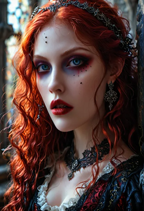 Insanely detailed photograph of a gorgeous vampire girl, goth Renaissance, long voluminous red hair, intricate eyes, fantastical, vampire, ethereal, hyperdetailed, 32k resolution, dynamic lighting, hyperdetailed, intricately detailed, trending on Artstatio...