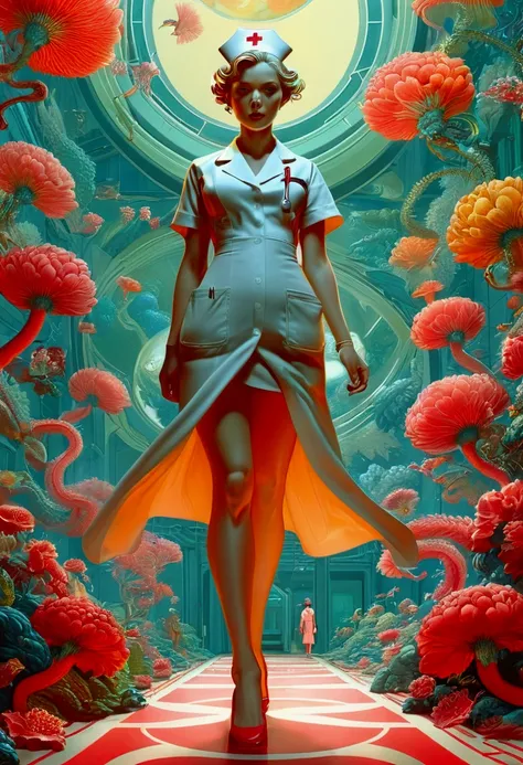 Nurse, full body, by James Jean, cinematic still, 35mm, (best quality, masterpiece), very aesthetic, perfect composition, photorealistic, intricate details, ultra-detailed, vivid colors