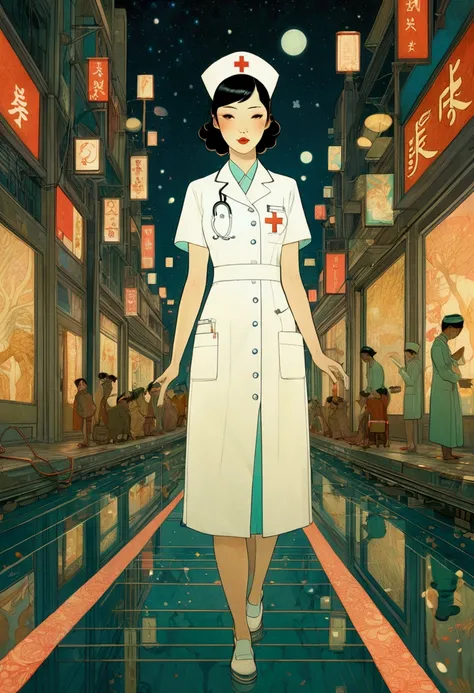 Nurse, full body, by Victo Ngai, cinematic still, 35mm, (best quality, masterpiece), very aesthetic, perfect composition, photorealistic, intricate details, ultra-detailed, vivid colors