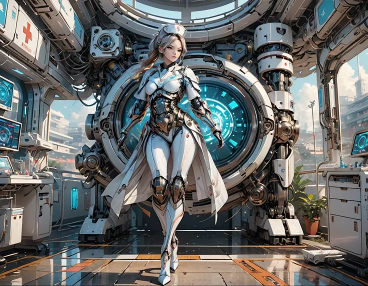 a picture of mech nurse in a futuristic hospital, exquisite beautiful nurse,  dynamic hair style, ((full body shot: 1.5)), ((anatomically correct: 1.5)), (ultra detailed face: 1.2), best detailed face, wearing white nurse robes, white pants, white high hee...