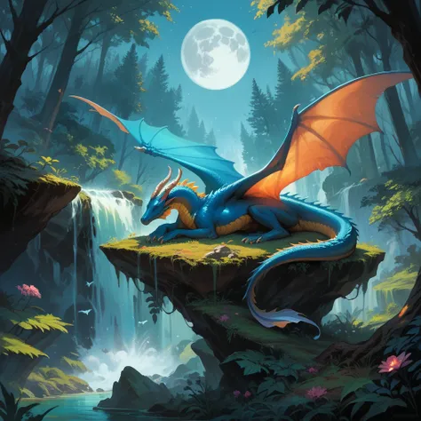  (A European dragon with wings sleeping in front of a forest waterfall ), solo, waterfall, moon  mystical creature, realistic, ultra detailed, dynamic pose, moonlit night, detailed forest background, vegetation in the foreground