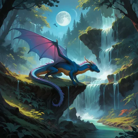  (A European dragon with wings sleeping in front of a forest waterfall ), solo, waterfall, moon  mystical creature, realistic, ultra detailed, dynamic pose, moonlit night, detailed forest background, vegetation in the foreground